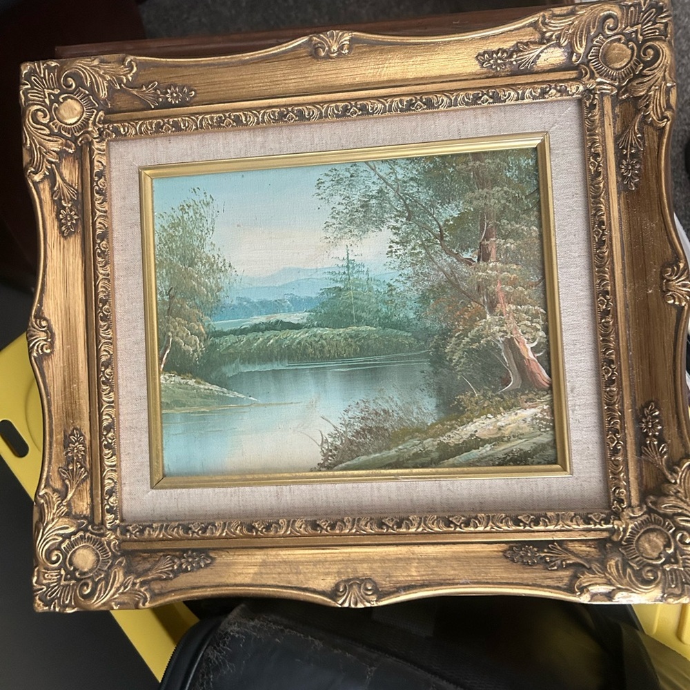 Framed Landscape Painting with Ornate Gold Frame